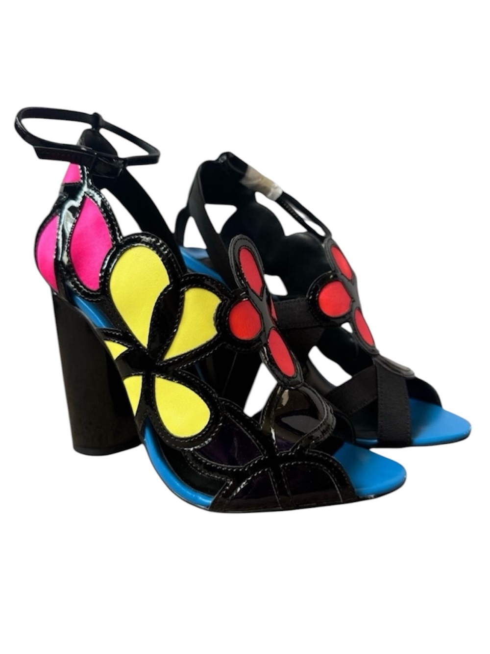 Kat Maconie Vivi Black Multi Patent Leather Floral Cutout Block Heel Sandals NWT
